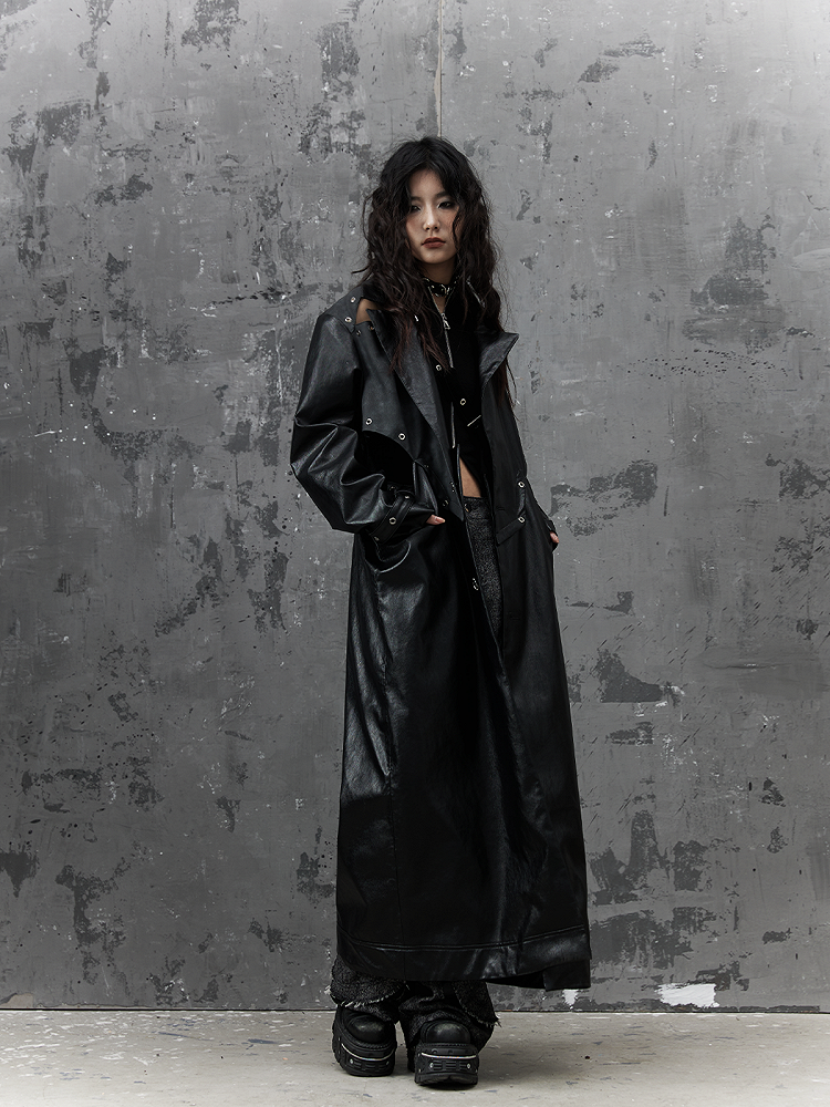 Punk Coat - Design Cuffs Long Buckle Patchwork PU Cutout