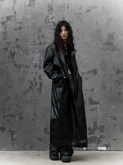 Punk Coat - Design Cuffs Long Buckle Patchwork PU Cutout