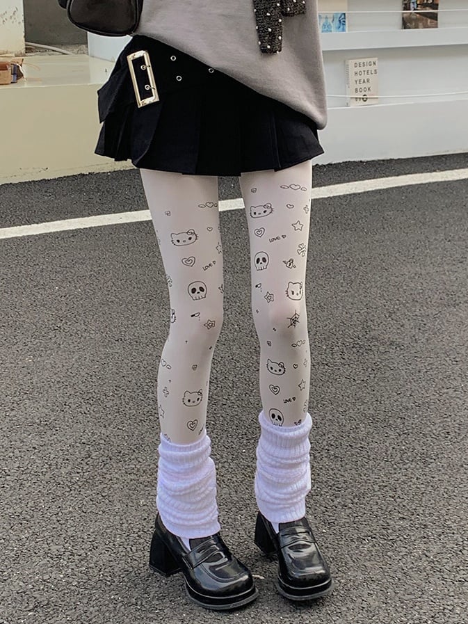 ホワイトのスイートキティハートスタープリントカートゥーンタイツ