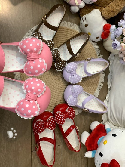 Sweet Lolita Wine Red Low-heel/Mid-heel Mary Janes with Lace Trim and Polka Dot Bow, Snap Design