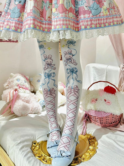 Bow And Blue/Brown Pink Tights Bunny Print Lolita Sweet