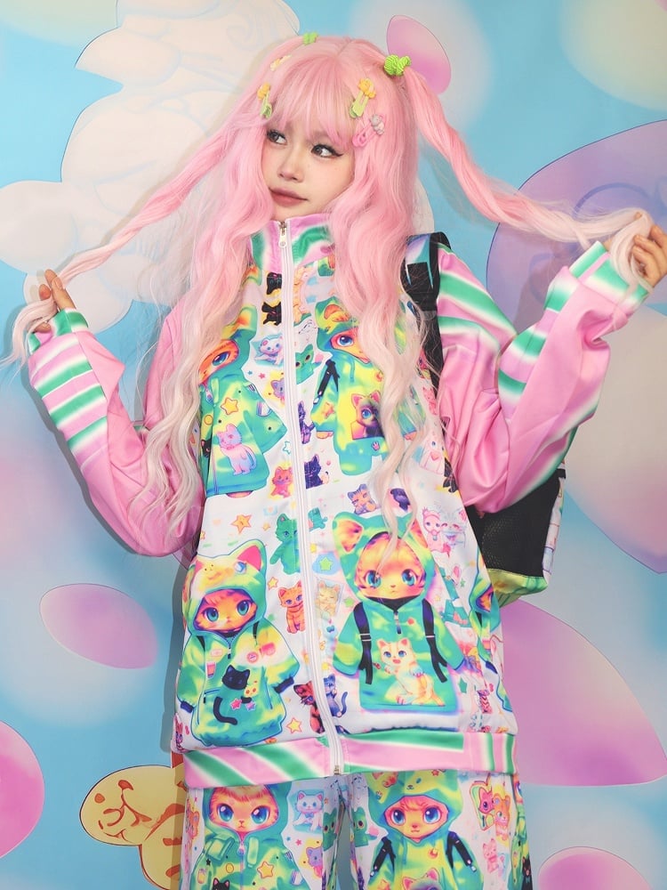 Print Cat Jacket Y2K PinkGreen