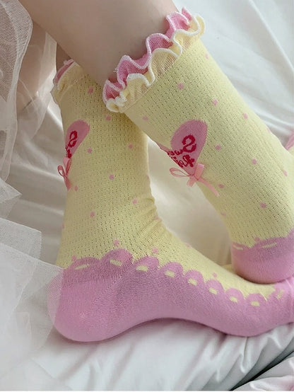 Polka Dot Heart Ankle Socks with Ruffle Lace Trim, 8 Colors - ROJI ROJI