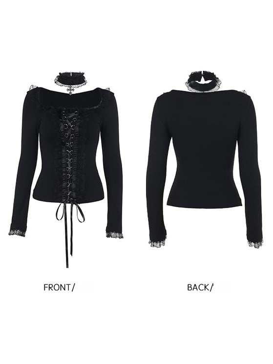 Long Top Black Choker with Sleeve Halloween Matching Lacing Lace D-Ring Gothic Trimmed