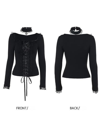 Long Top Black Choker with Sleeve Halloween Matching Lacing Lace D-Ring Gothic Trimmed