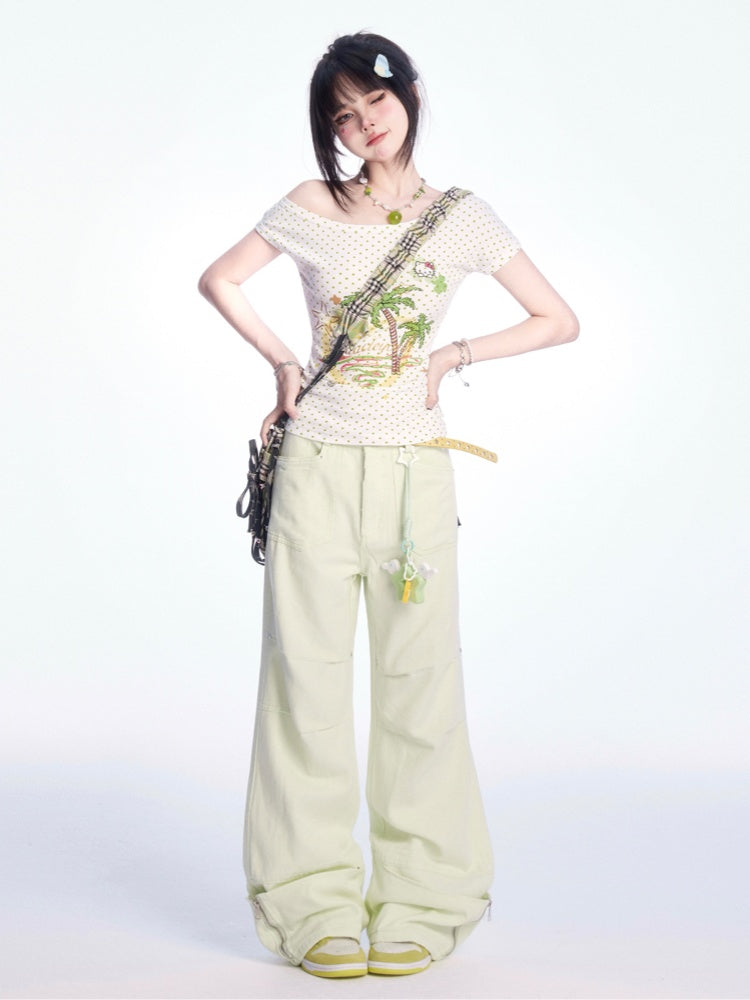 パンツ ライトグリーン ローウエスト ジップカフス ワイドレッグ カーゴ