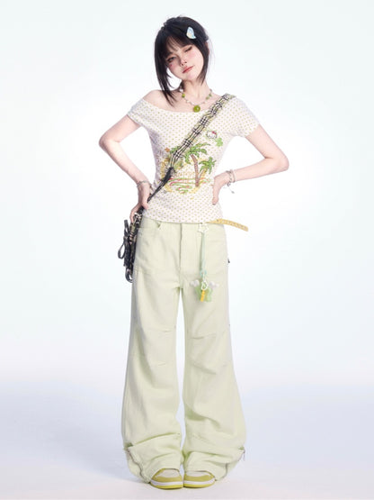 パンツ ライトグリーン ローウエスト ジップカフス ワイドレッグ カーゴ