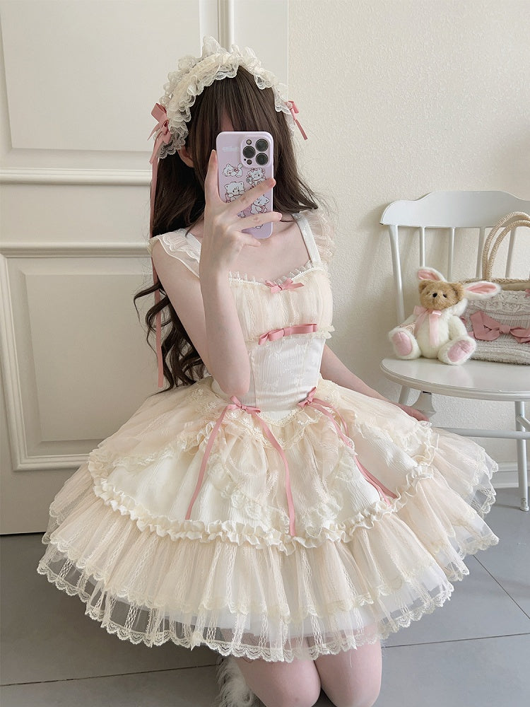 Small Jumper Short Bows Apricot Dress Balletcore Skirt Fabric Lolita