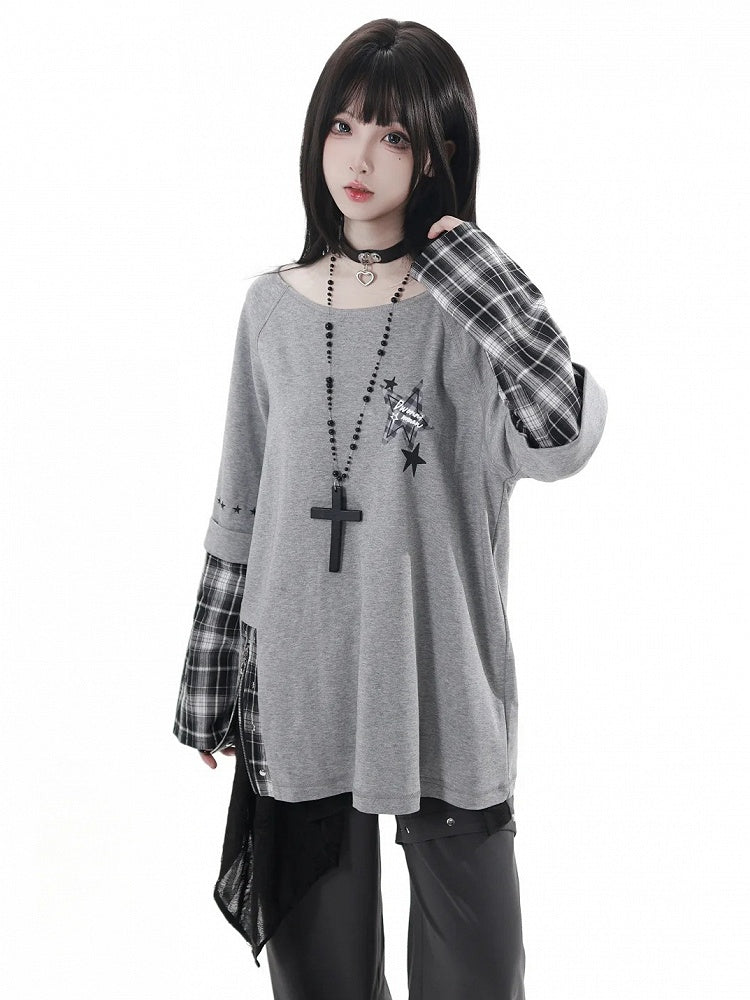 Detachable Grey Unisex Zipper Taste Studded Plaid Slit Aesthetic: with Oversized Sleeves Top