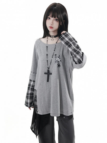 Detachable Grey Unisex Zipper Taste Studded Plaid Slit Aesthetic: with Oversized Sleeves Top