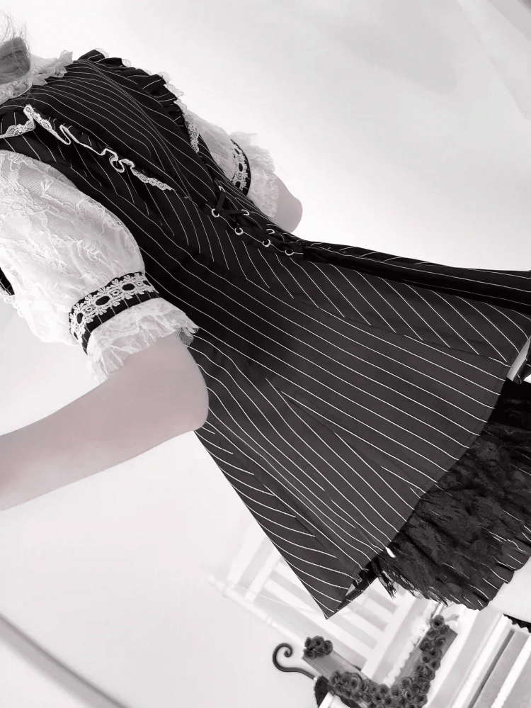 Mini Dress + Shorts Lace-up Back Neckline Illusion + Black Striped Jirai Kei Set- Bow Tie