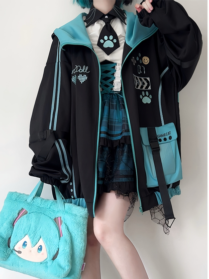 フード付きテックウェア ブラックフューチャリスティックジャケット ブルー＆サイバーパンク