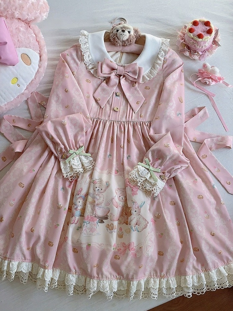 Pink Peter Pan Collar Bear & Cake Print Long-Sleeve OP Dress - Honey Village