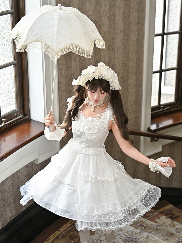 Lace Ruffled Trim Lolita JSK White Flutter Sleeves Butterfly Accent