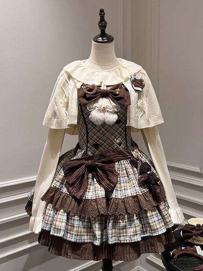 Chocolate & Mint Green Bow Plaid JSK with Heart Brooch - Tan Tuan