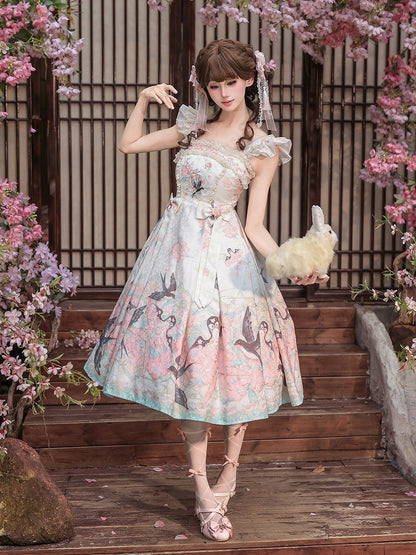 Swallow Kite and Peach Blossom Print Pink Chinoiserie Lolita Dress - Dream Magic Box