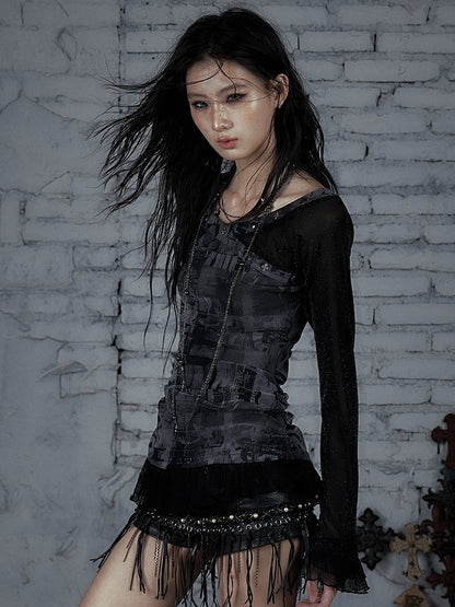 トリムスターレースウェイストランドパンクスタッド装飾ブラックグレー/ベージュTシャツと