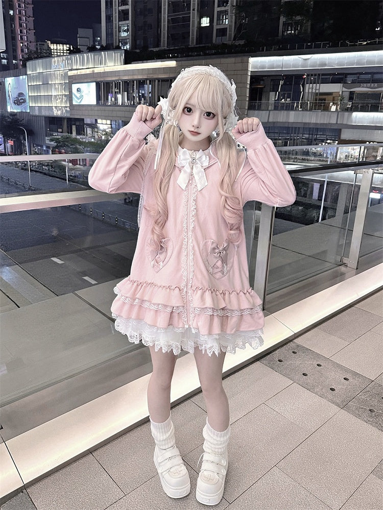 Tiered Pink Sweet | Hoodie Ruffles Kei Dress Heart Pockets Jirai Bunny-Eared