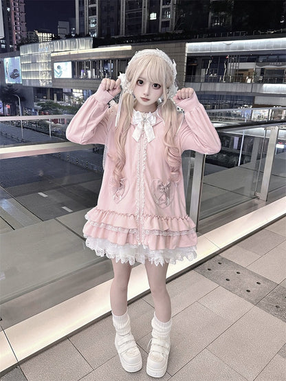Tiered Pink Sweet | Hoodie Ruffles Kei Dress Heart Pockets Jirai Bunny-Eared