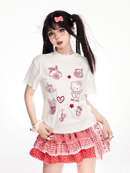 スカート スイート ポルカドット ティアード ストロベリーレッド チェック柄