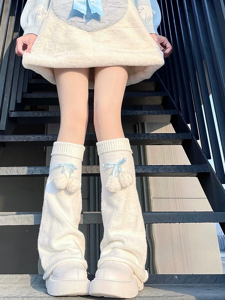 Knitted Red/Pink/Blue Decorations Flared with White Ribbon Warmers Leg Pom-Pom