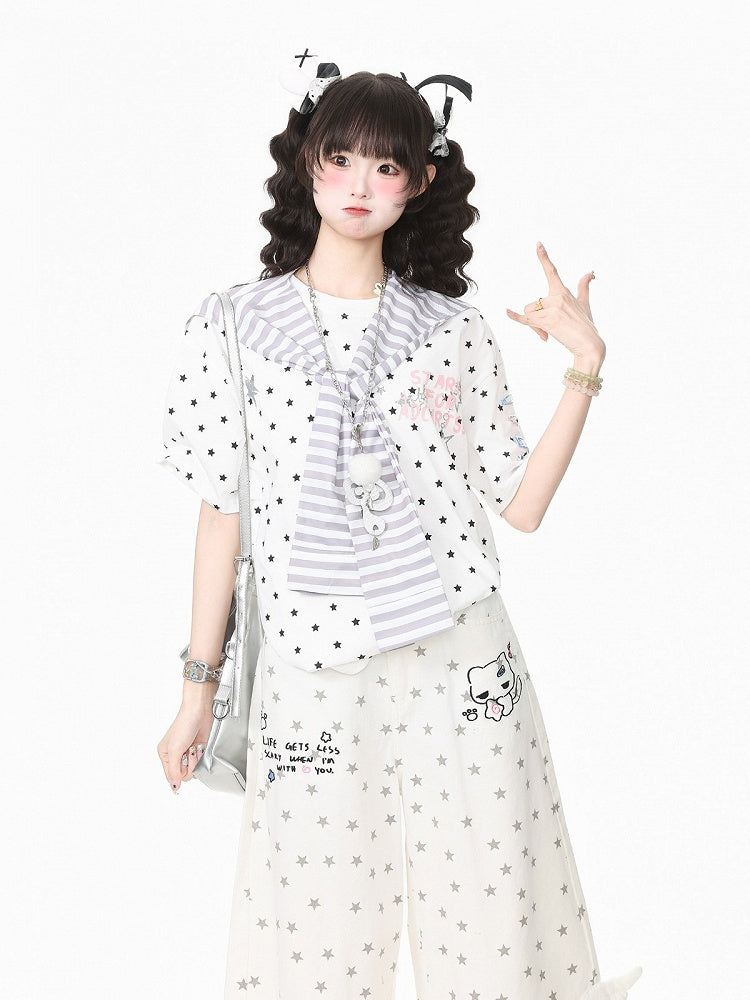 White Star Print Tee with Stripe Shawl and Hairclip - Languid Park