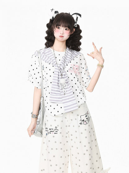 White Star Print Tee with Stripe Shawl and Hairclip - Languid Park