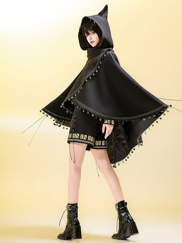 ファッションキャットハイロー耳裾（洗濯機洗い不可、ブラック王子）ケープフード付き