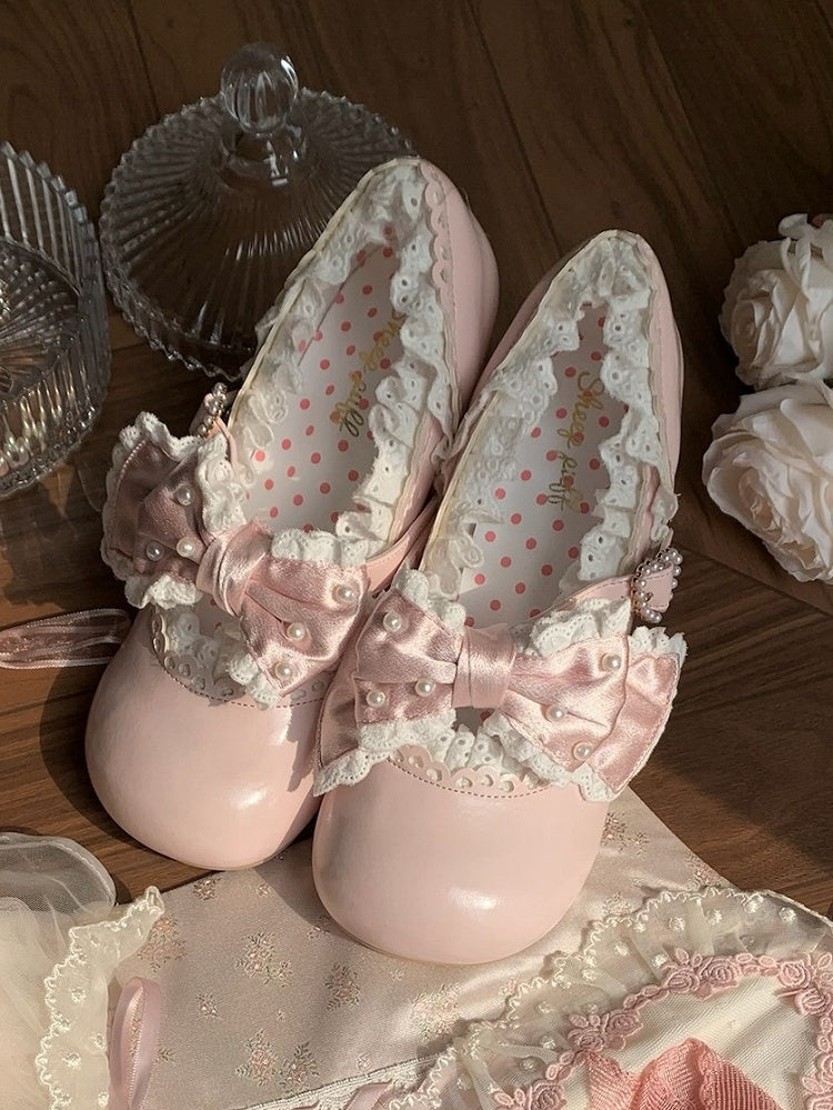 - Hem Lolita Pink Trim Lace Mid-heel Scalloped Shoes Sweet