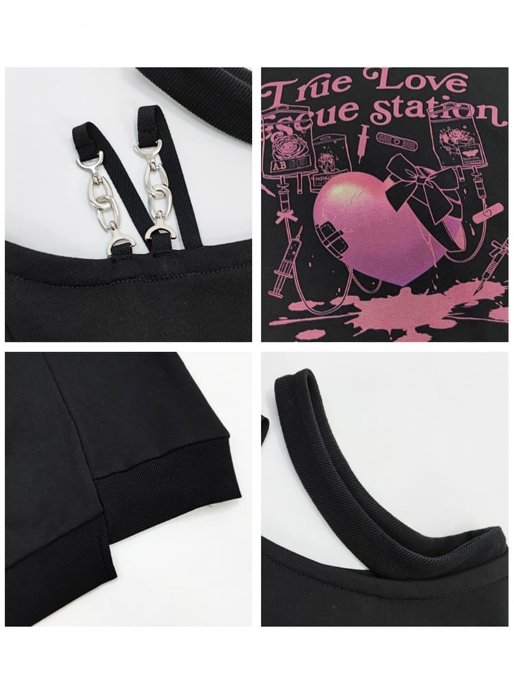 ブラックのカットアウトショルダーハート＆リボンプリントトップス