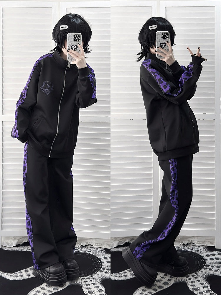 Sporty Jirai Kei Black & Purple Leopard Print Pants - Puzzles