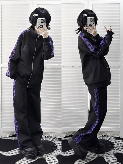 Sporty Jirai Kei Black & Purple Leopard Print Pants - Puzzles