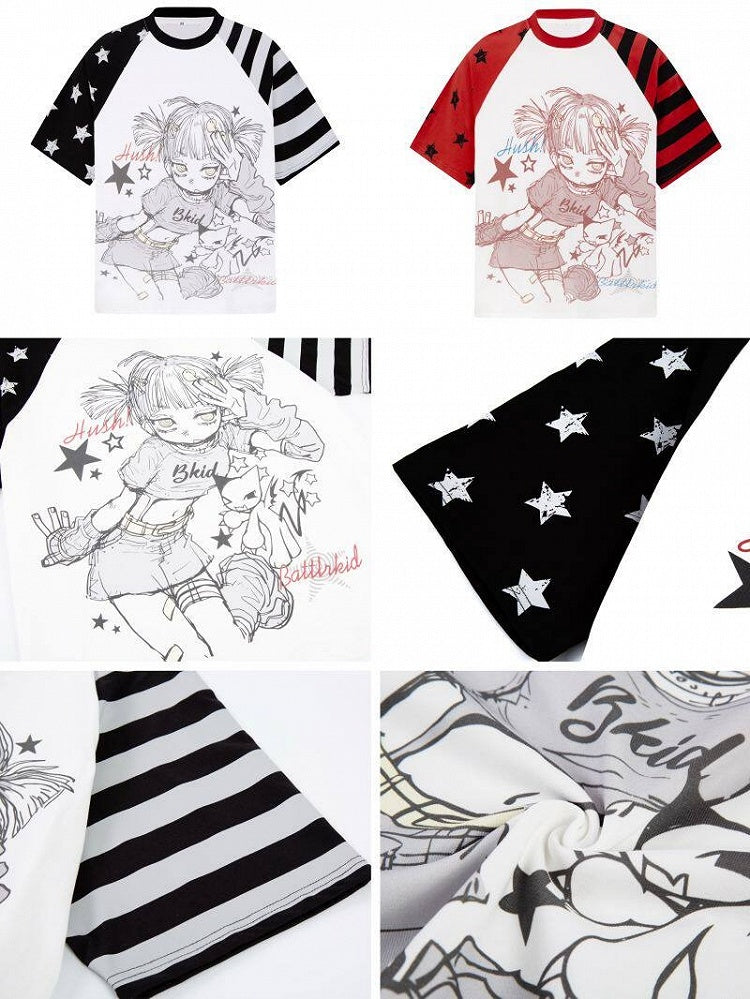 Otaku Kawaii Star-Stripe Tee with Anime Girl Graphic, Red White - CRAZY GIRL
