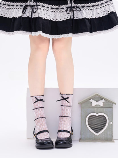 White Bow Contrast Black Trim Lace Ankle Socks