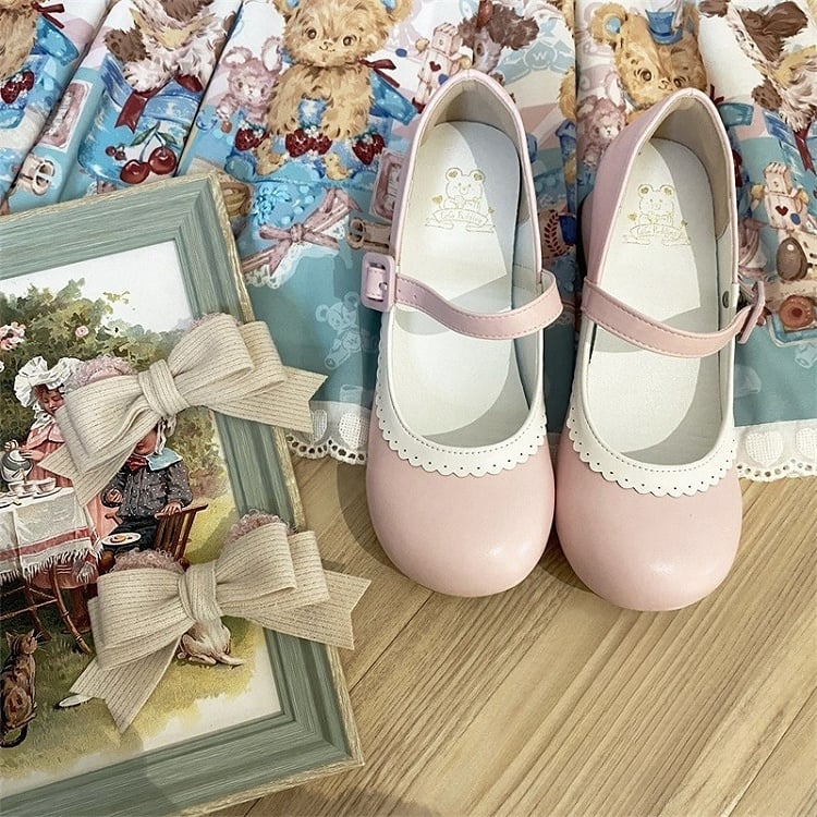 Pink Low/Mid Edge Mary Ear Light Bear Detachable Sweet - Scalloped Heel Bow Janes with Lolita
