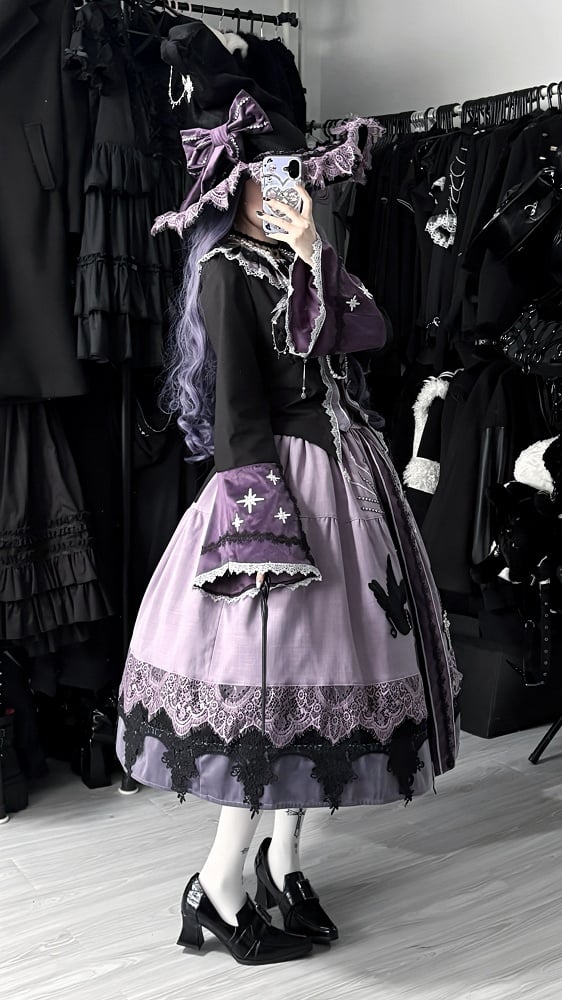 Purple Long Black Skirt Crow Patch Lolita Set + Top Wicthy Gothic