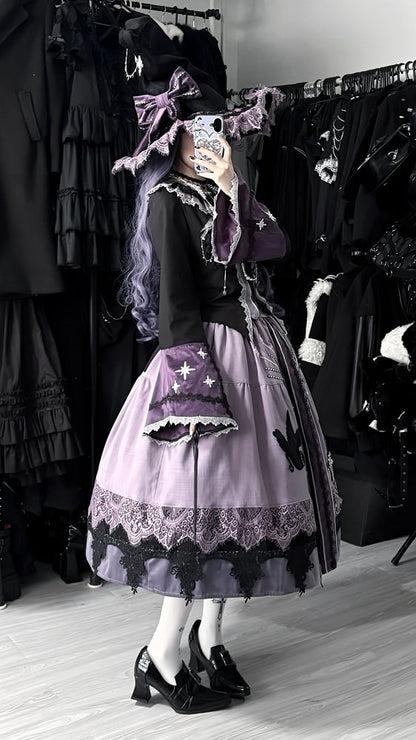 Purple Long Black Skirt Crow Patch Lolita Set + Top Wicthy Gothic