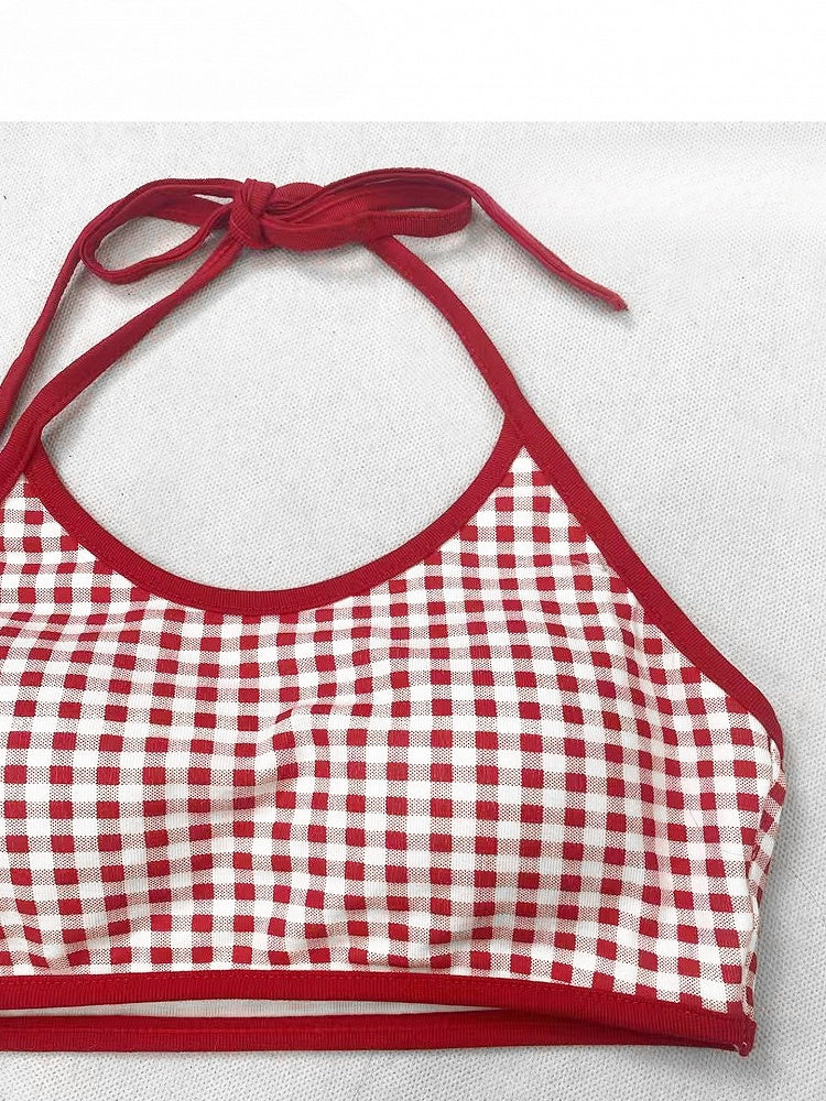 Y2K Muster Plaid Brief Hals + Gelb Obst Neckholder Cami Print Bittersüße Kleid Top Und Rot