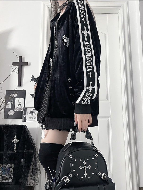 Tape Sleeve Tracksuit Gothic Cross Velvet Print TextBack Jacketwith Black
