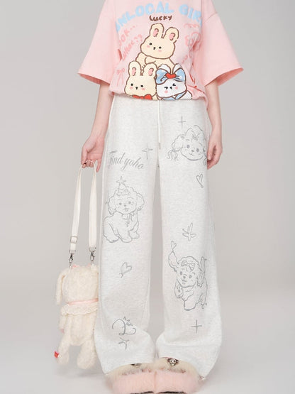 Graue, gerade geschnittene Jogginghose mit Welpen-Print