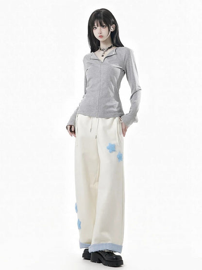 Gray/Black/Beige Plush with Rolled Star Cuffs Appliques Dark Sweatpants Striped