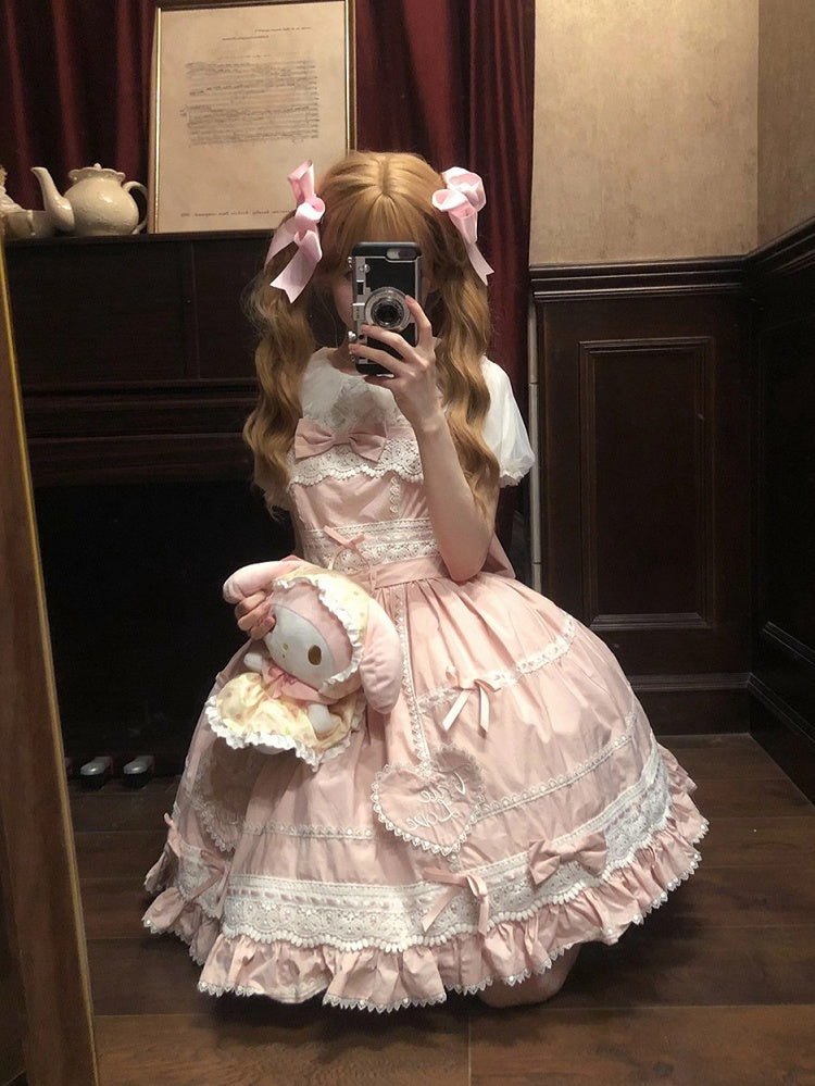 Rock Sweetheart Weiß Lolita Jumper Old Dress School Applikation Baumwolle Rosa und