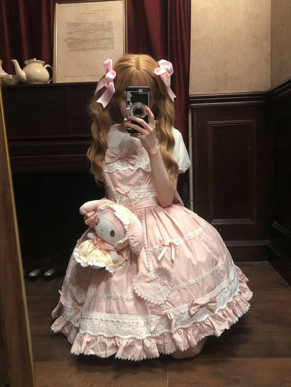 Rock Sweetheart Weiß Lolita Jumper Old Dress School Applikation Baumwolle Rosa und