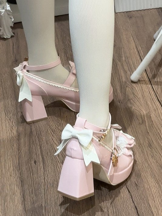 High-heel Design Mary Hem White Pink Bow with Janes Scalloped 8cm Lolita  Details Elegant