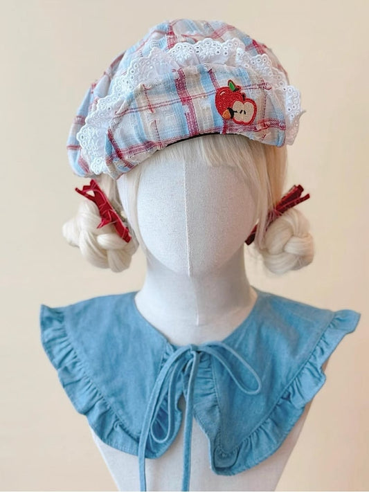 Beret Flipped Brim Red Embroidery Plaid and Applique Blue Apple with