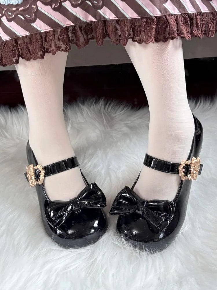 Black with at Buckle Toe Top Bow Themed Kitty Accent Cute Heels Low Cat Round