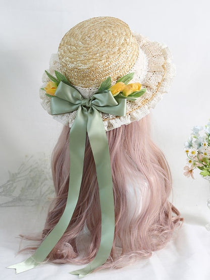 Bowknot Country Lace Lolita Tulip Straw Trim Green Ribbons Hat with