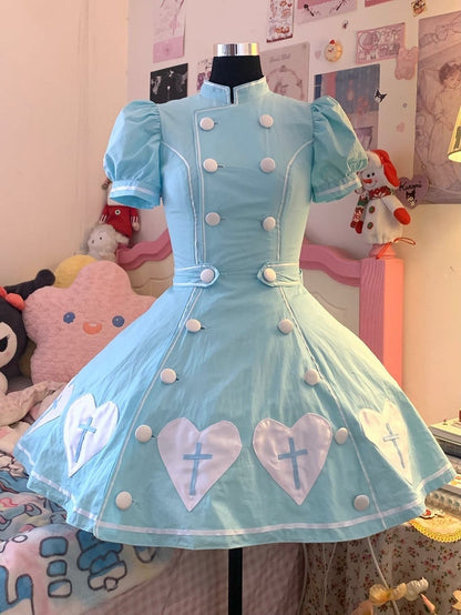 Kleid Herz Lolita Patches Puff Krankenschwester Blau Kreuz Ärmel Weiß