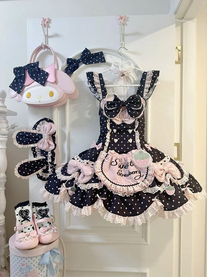 Dot Themed Adorable and Pink Hairband Polka Bonnet JSK Details Set Bow Dress Strawberry + Full Bunny Lace Ear Choker Lolita Black with