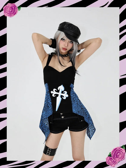 Gyaru Blue Leopard Patches Black Glamorous Y2K Strapless Top